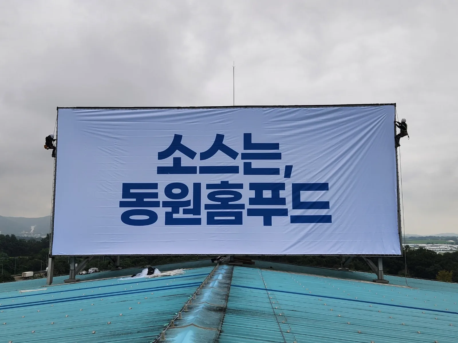 옥상광고탑 대형 배접 화면을 로프에 매달려 설치하는 전광판종합시공업체 작업자들